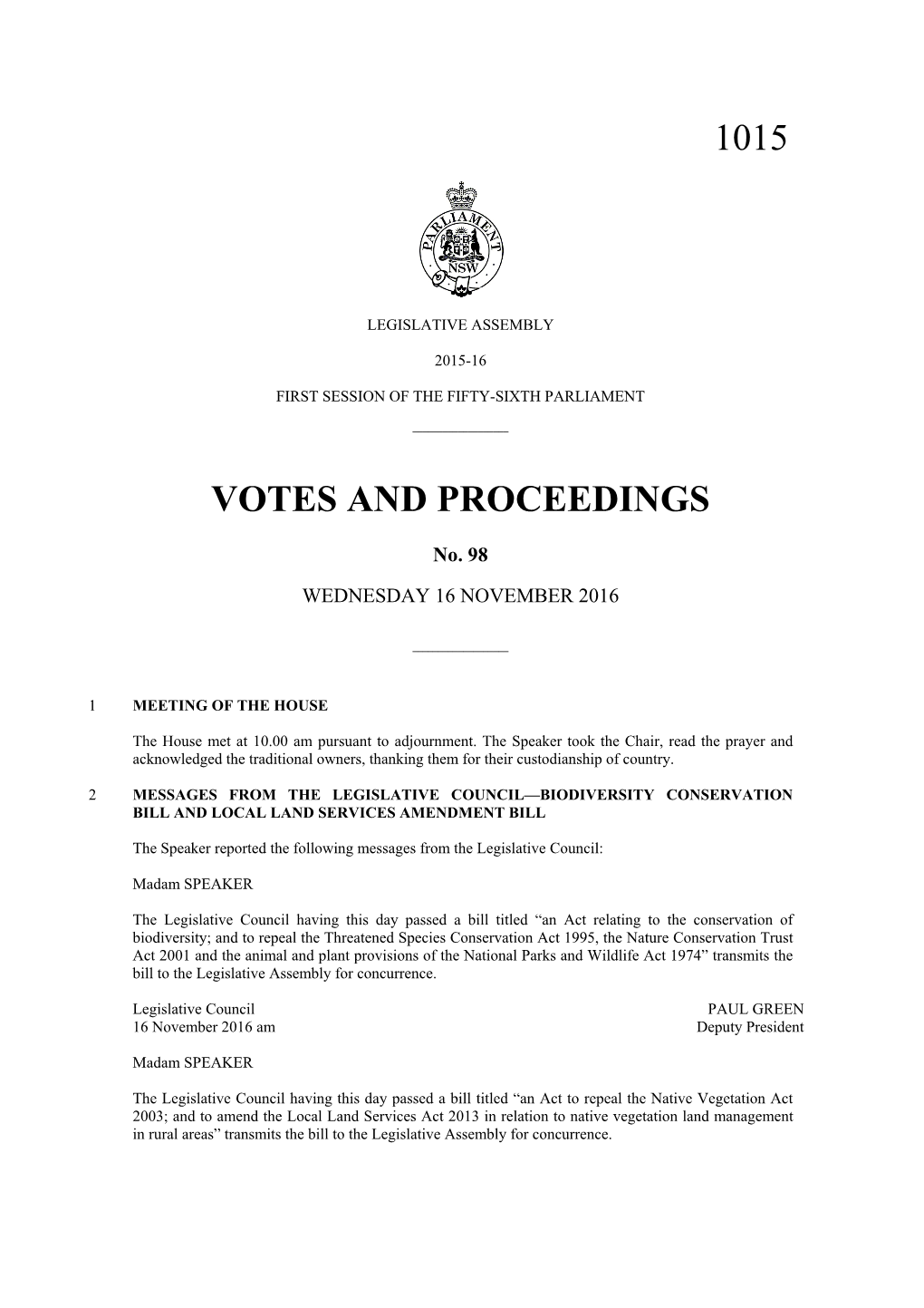 1015 Votes and Proceedings