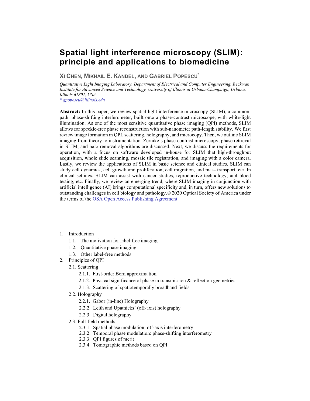 Spatial Light Interference Microscopy (SLIM): Principle and Applications to Biomedicine