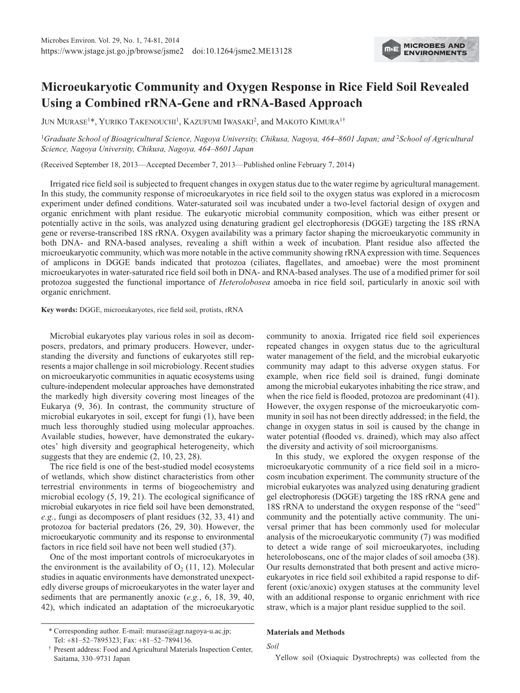 Microeukaryotic Community and Oxygen Response in Rice Field Soil Revealed Using a Combined Rrna-Gene and Rrna-Based Approach