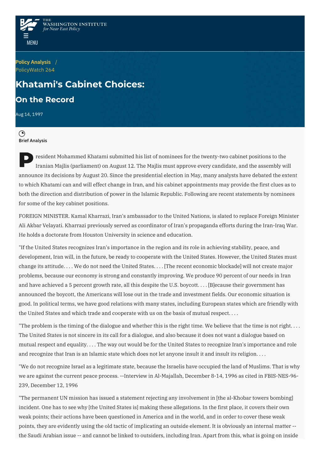 Khatami's Cabinet Choices: on the Record | the Washington Institute