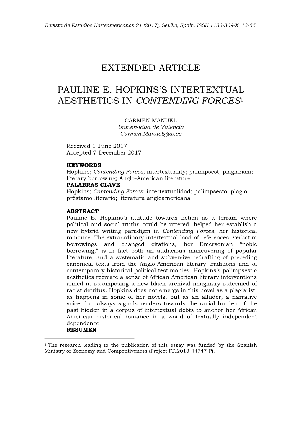 Extended Article Pauline E. Hopkins's Intertextual Aesthetics in Contending