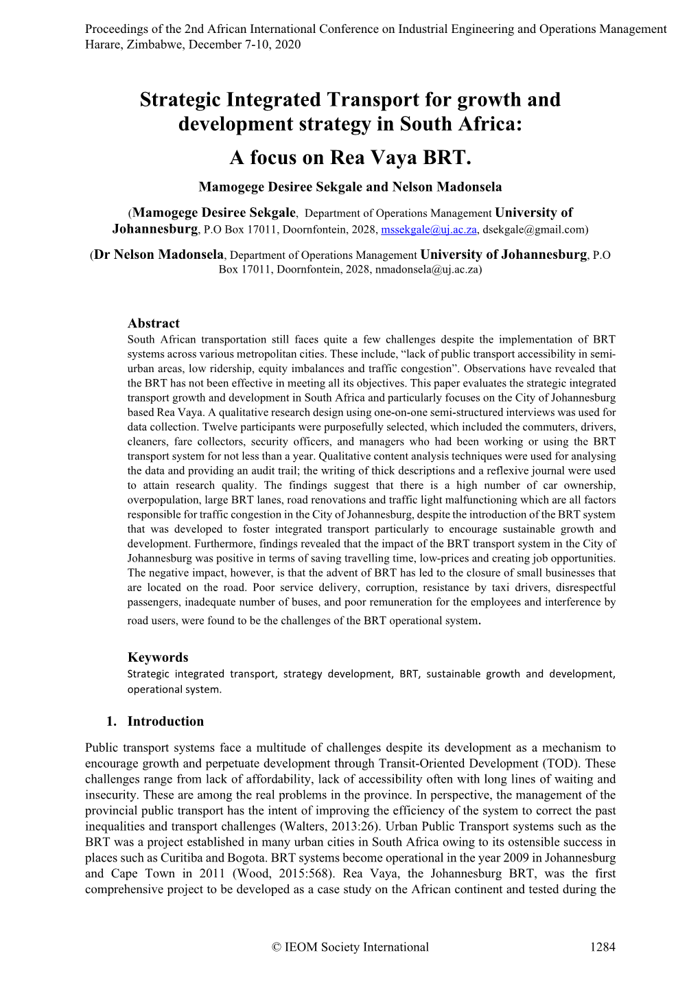 ID 336 Strategic Integrated Transport for Growth and Development