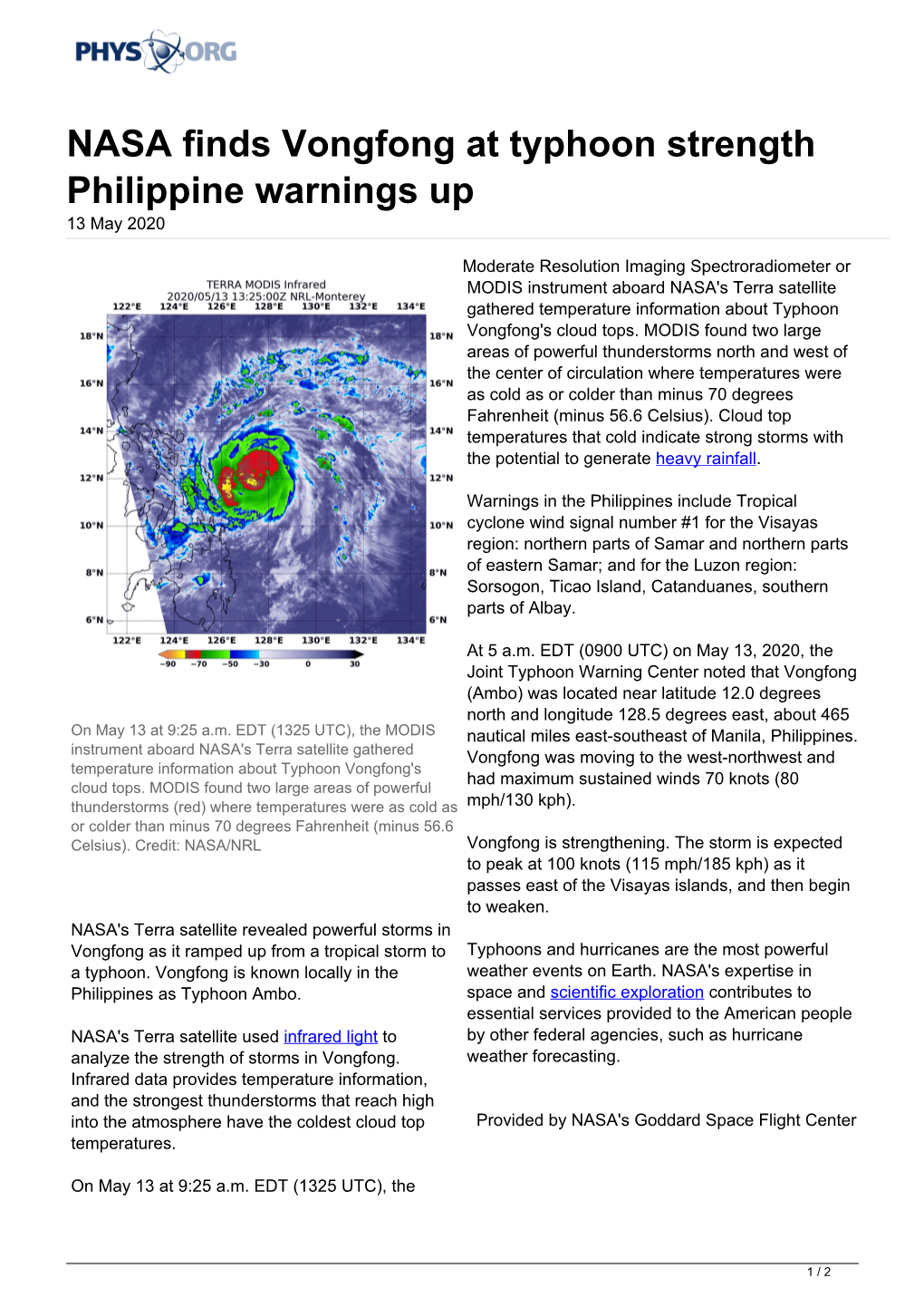 NASA Finds Vongfong at Typhoon Strength Philippine Warnings up 13 May 2020