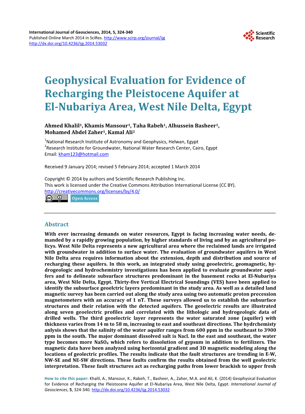 Geophysical Evaluation for Evidence of Recharging the Pleistocene Aquifer at El-Nubariya Area, West Nile Delta, Egypt