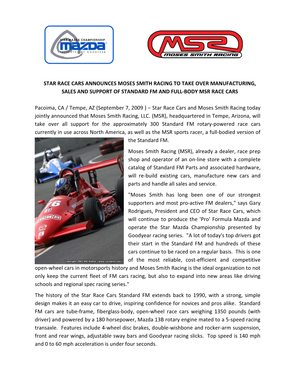 Star Race Cars Announces Moses Smith Racing to Take Over Manufacturing, Sales and Support of Standard Fm and Full-Body Msr Race Cars