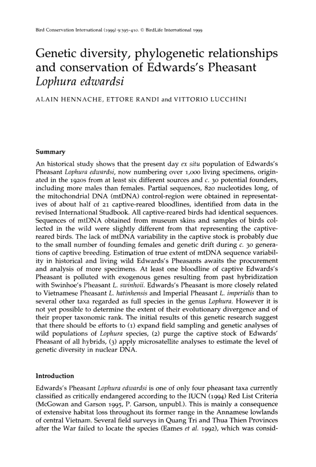 Genetic Diversity, Phylogenetic Relationships and Conservation of Edwards's Pheasant Lophura Edwardsi