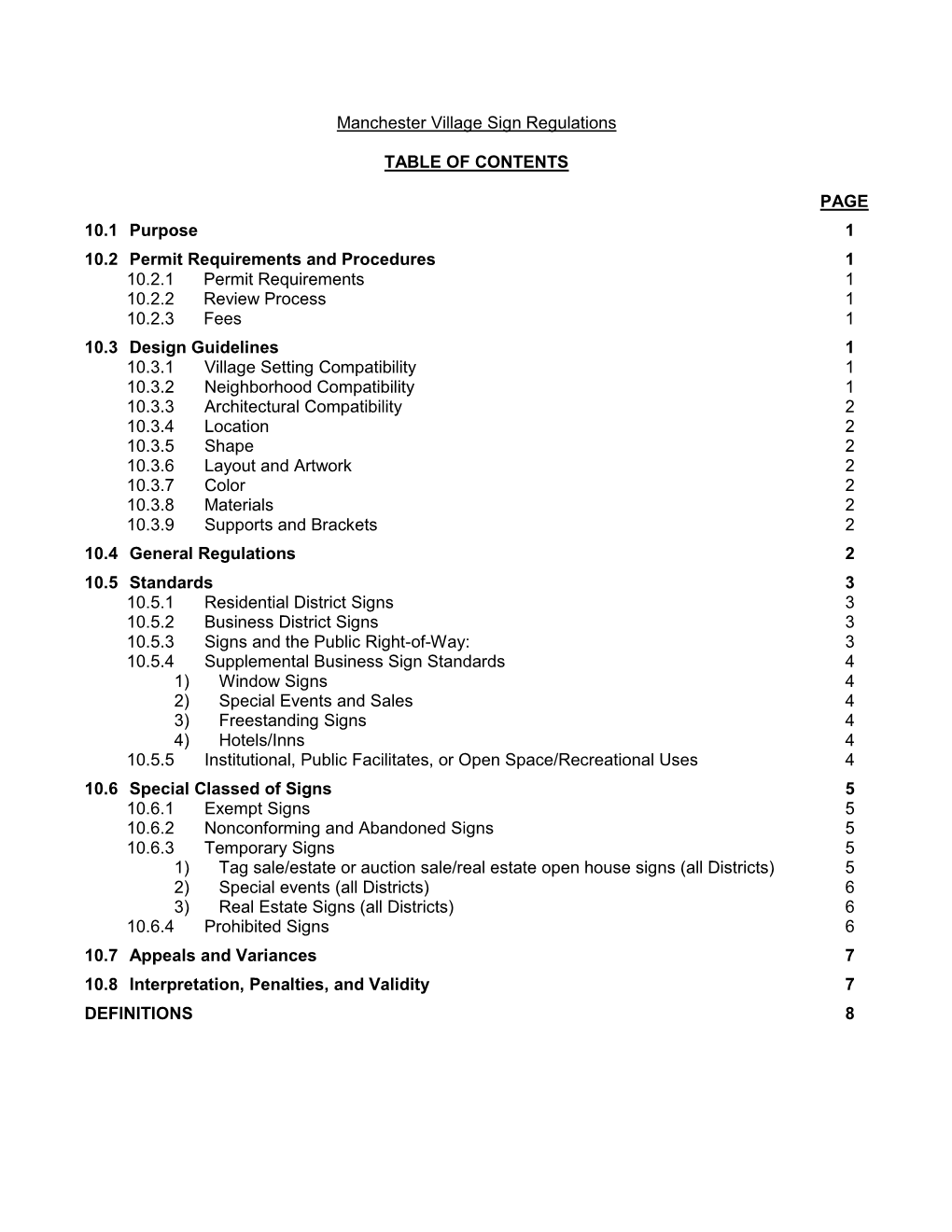 Manchester Village Sign Regulations TABLE of CONTENTS PAGE 10.1 Purpose 1 10.2 Permit Requirements and Procedures 1 10.2.1 Permi