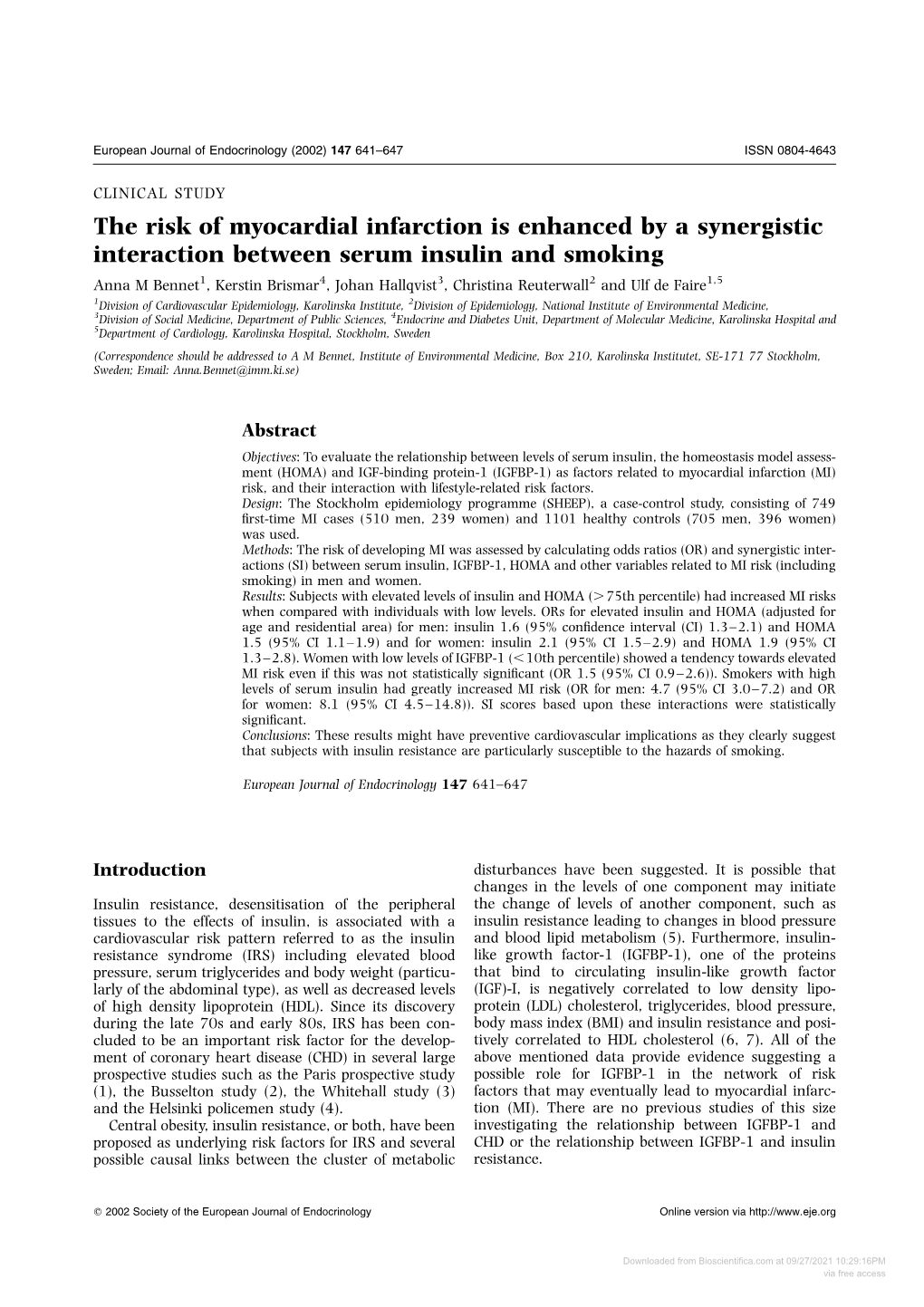 Downloaded from Bioscientifica.Com at 09/27/2021 10:29:16PM Via Free Access 642 a M Bennet and Others EUROPEAN JOURNAL of ENDOCRINOLOGY (2002) 147