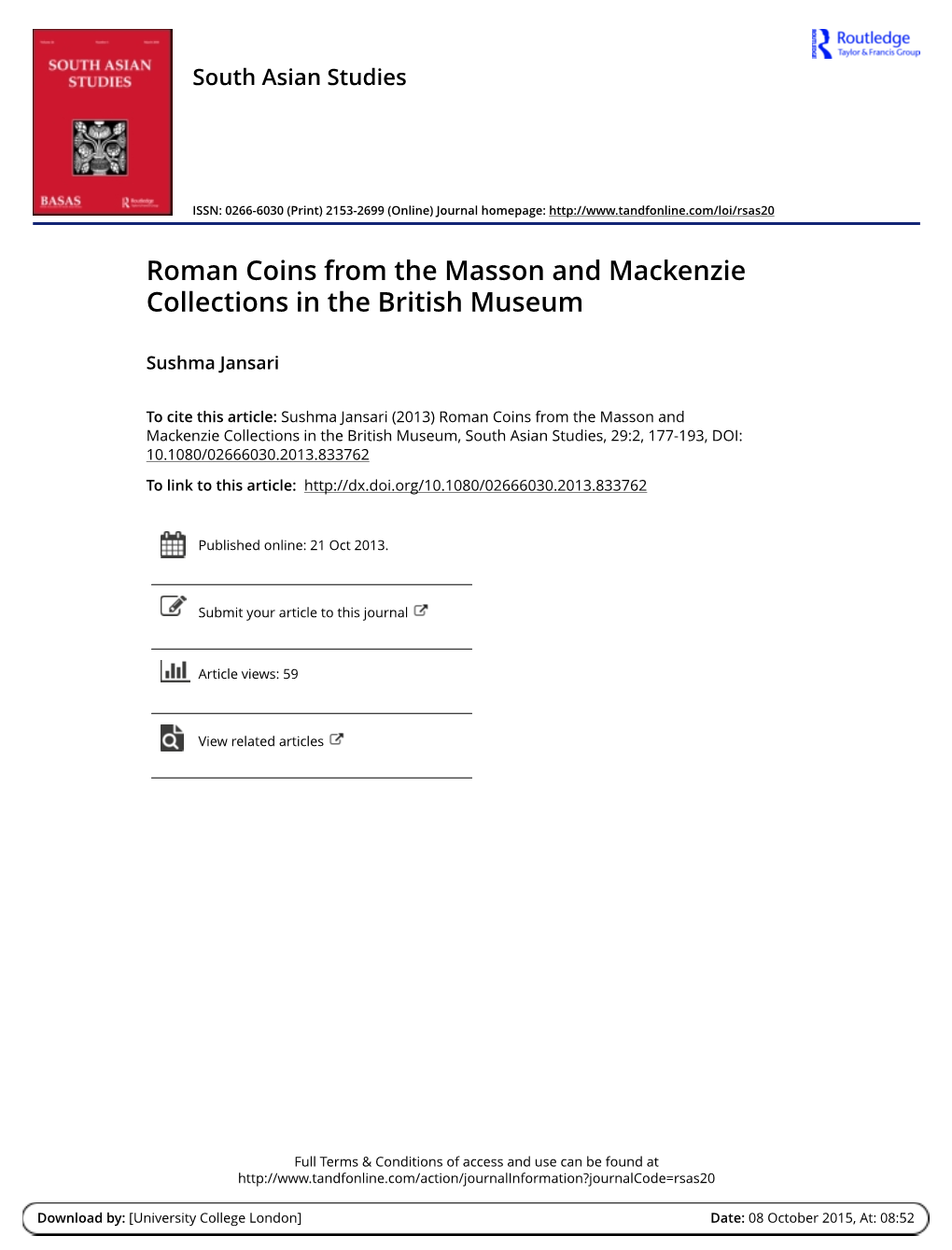 Roman Coins from the Masson and Mackenzie Collections in the British Museum