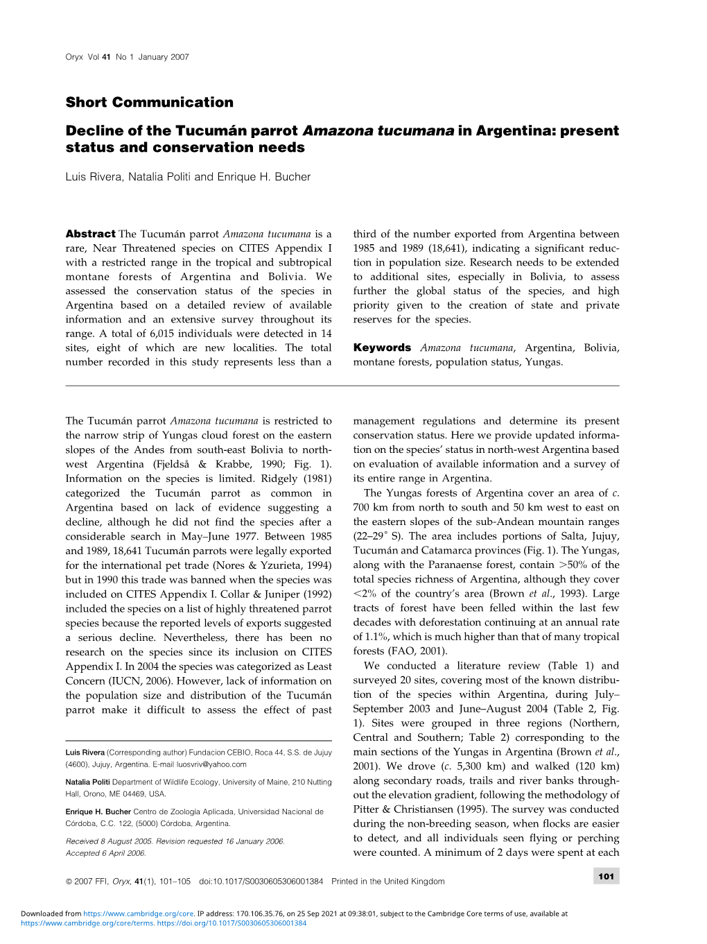 N Parrot Amazona Tucumana in Argentina: Present Status and Conservation Needs