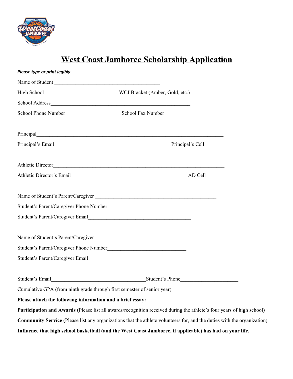 West Coast Jamboree Scholarship Application