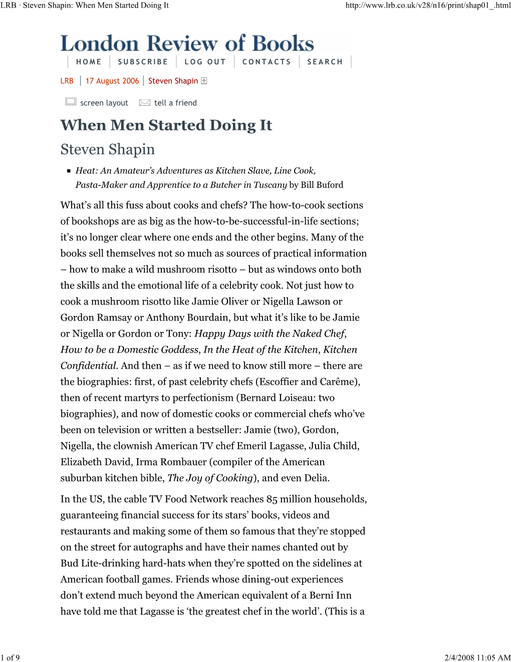 LRB · Steven Shapin: When Men Started Doing It