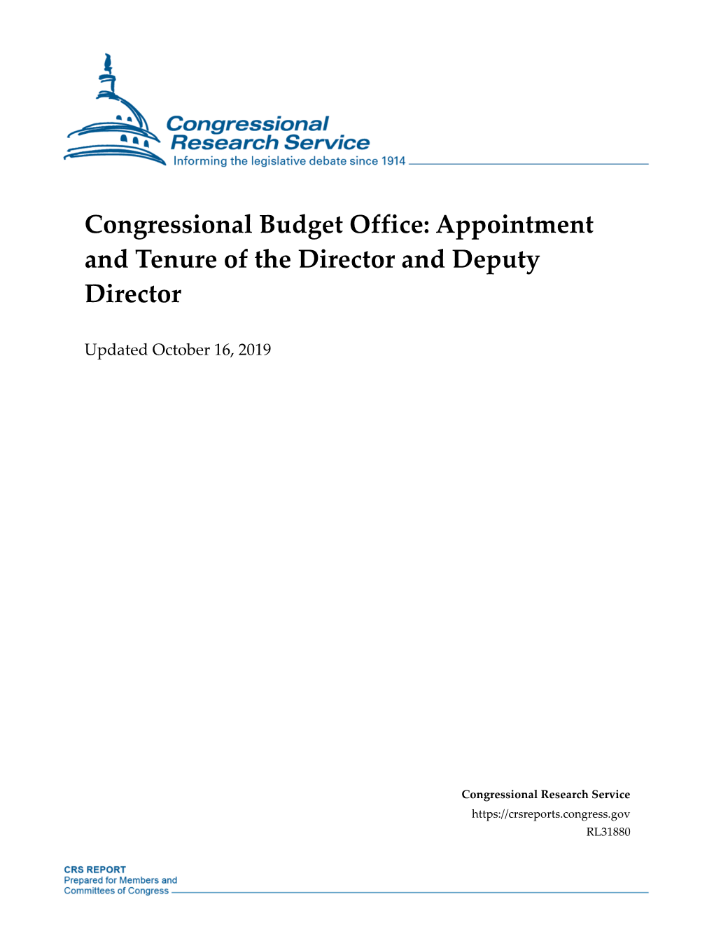 Congressional Budget Office: Appointment and Tenure of the Director and Deputy Director