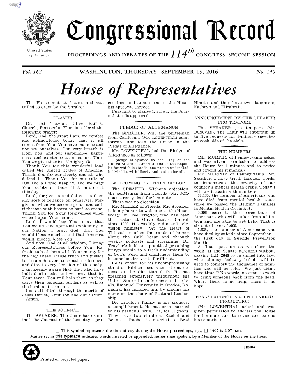 Congressional Record United States Th of America PROCEEDINGS and DEBATES of the 114 CONGRESS, SECOND SESSION