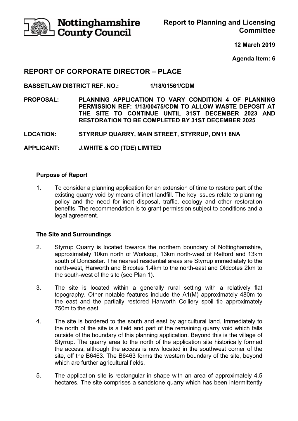 Report to Planning and Licensing Committee REPORT of CORPORATE DIRECTOR – PLACE