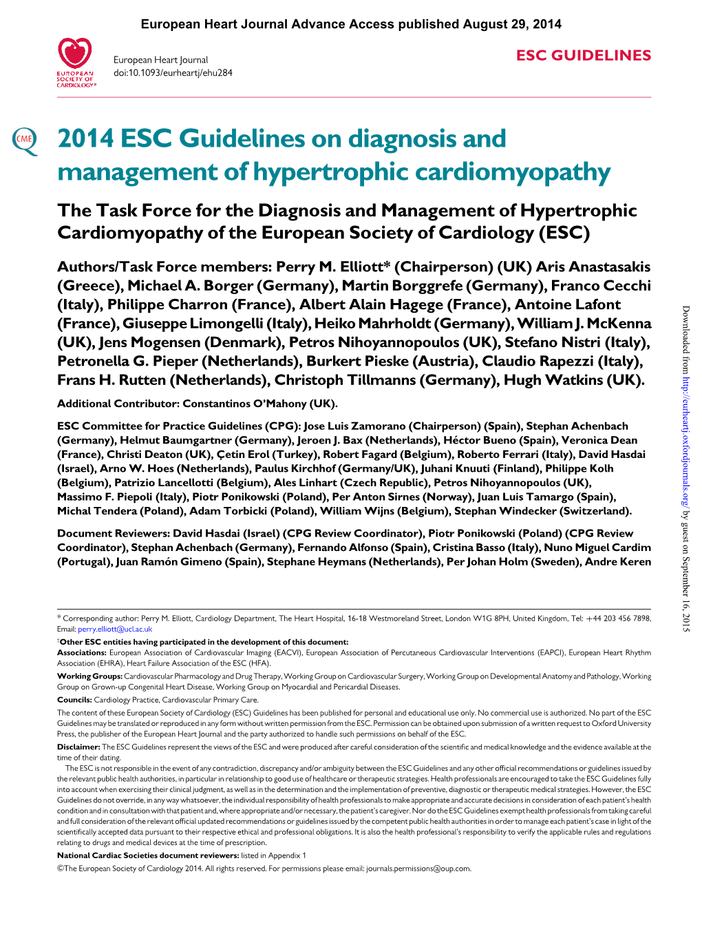 2014 ESC Guidelines on Diagnosis and Management of Hypertrophic Cardiomyopathy