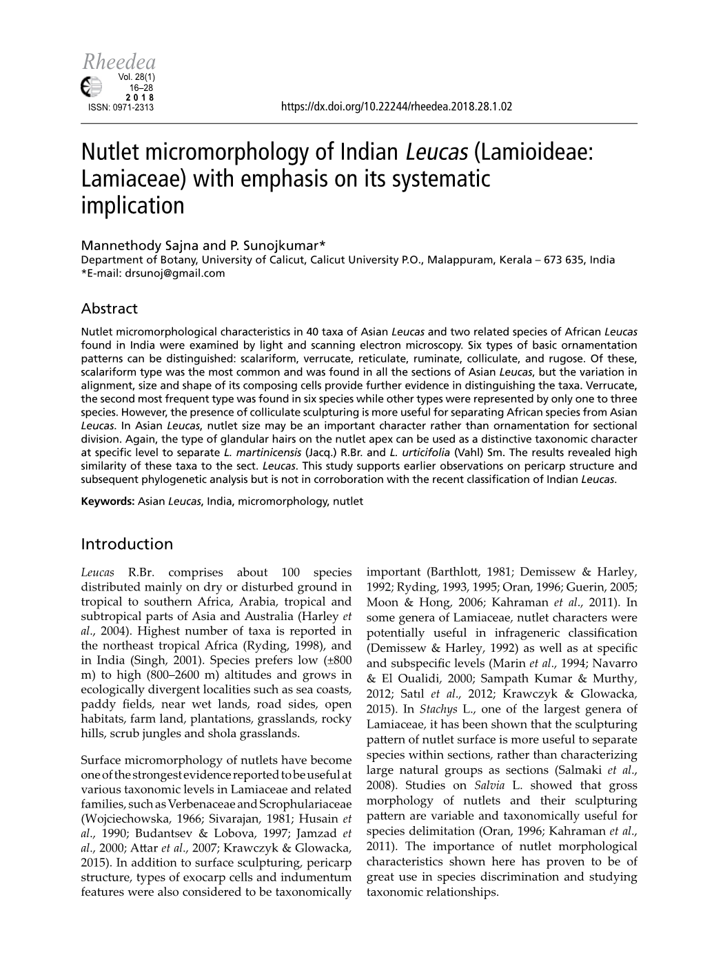Nutlet Micromorphology of Indian Leucas (Lamioideae: Lamiaceae) with Emphasis on Its Systematic Implication