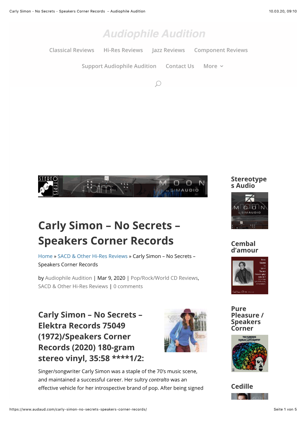 Carly Simon – No Secrets – Speakers Corner Records