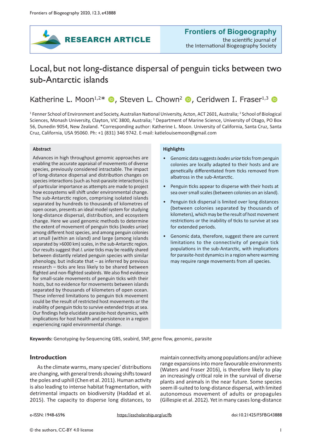 Local, but Not Long-Distance Dispersal of Penguin Ticks Between Two Sub-Antarctic Islands