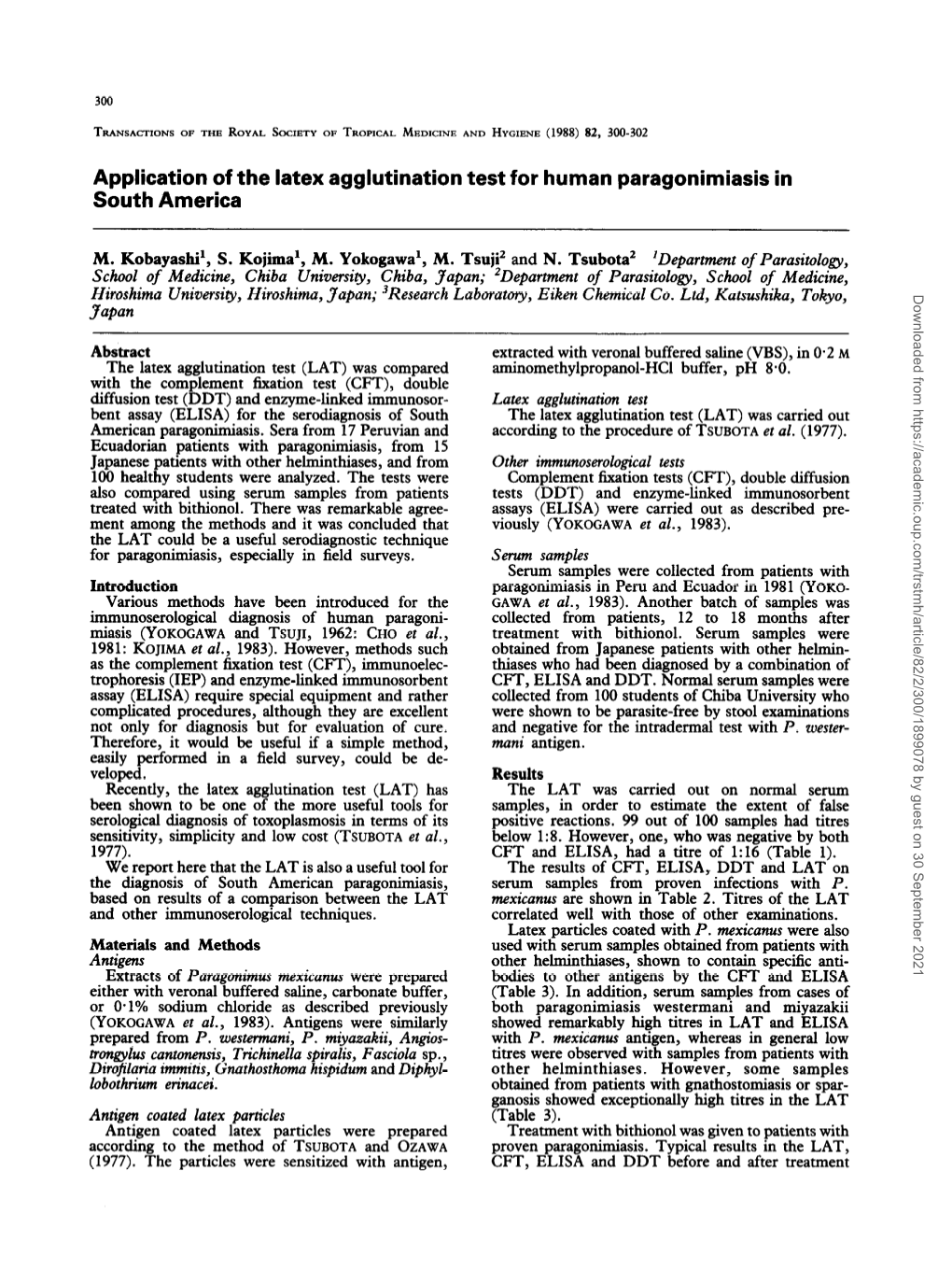 Application of the Latex Agglutination Test for Human Paragonimiasis in South America