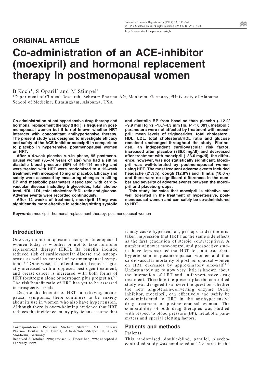 (Moexipril) and Hormonal Replacement Therapy in Postmenopausal Women