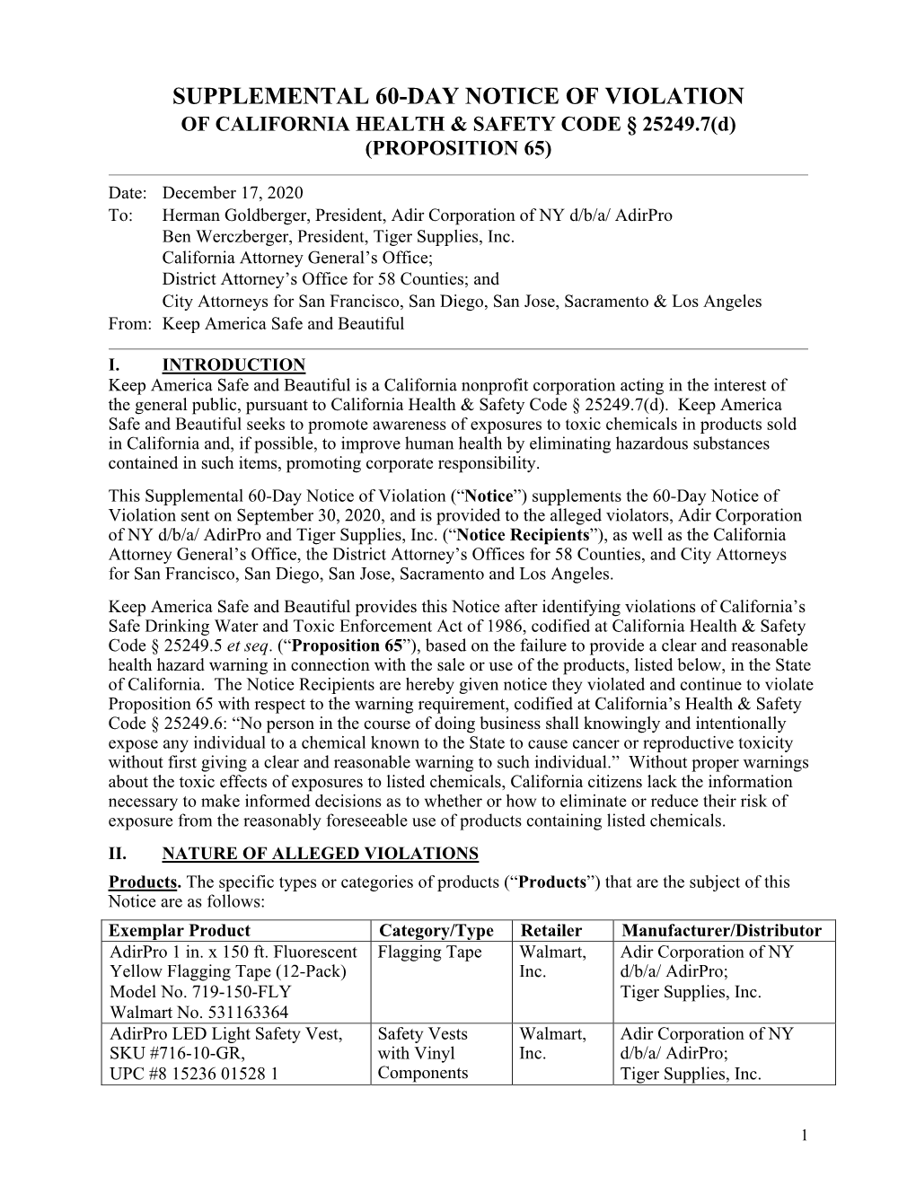 SUPPLEMENTAL 60-DAY NOTICE of VIOLATION of CALIFORNIA HEALTH & SAFETY CODE § 25249.7(D) (PROPOSITION 65)