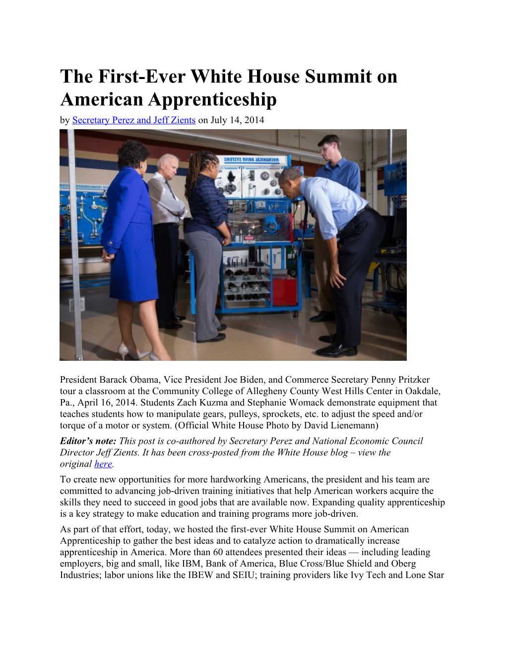 The First-Ever White House Summit on American Apprenticeship