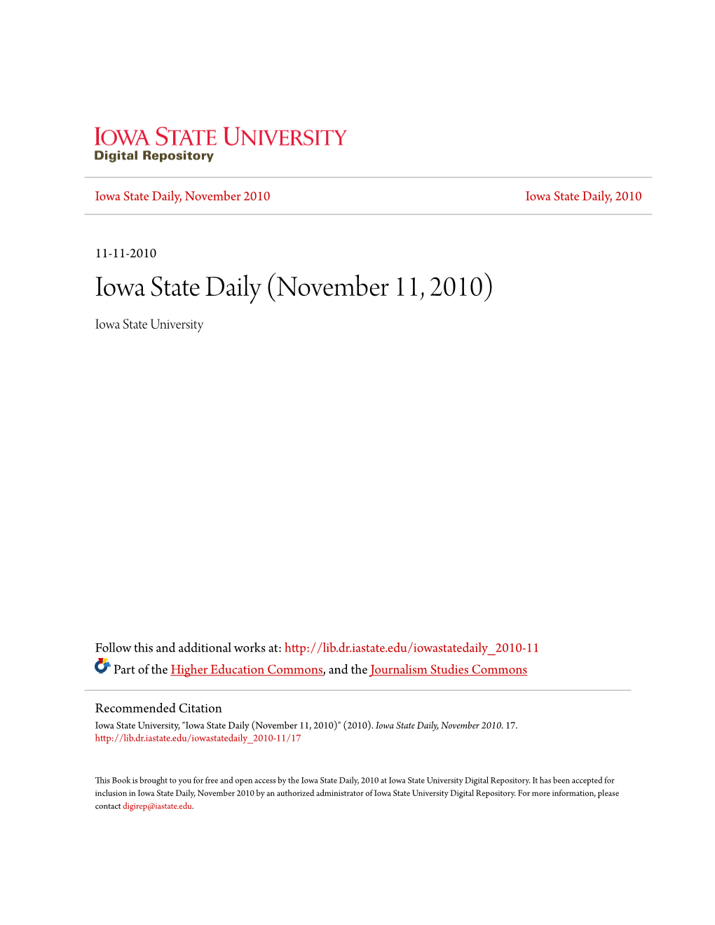 Iowa State Daily (November 11, 2010) Iowa State University