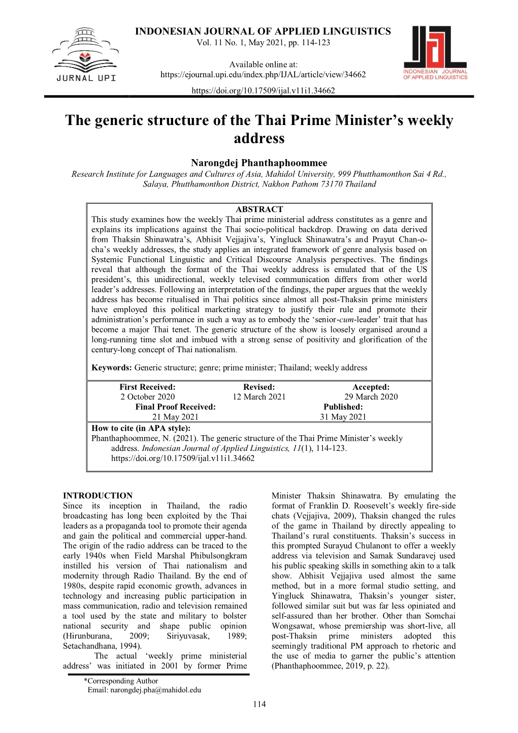 The Generic Structure of the Thai Prime Minister's Weekly Address