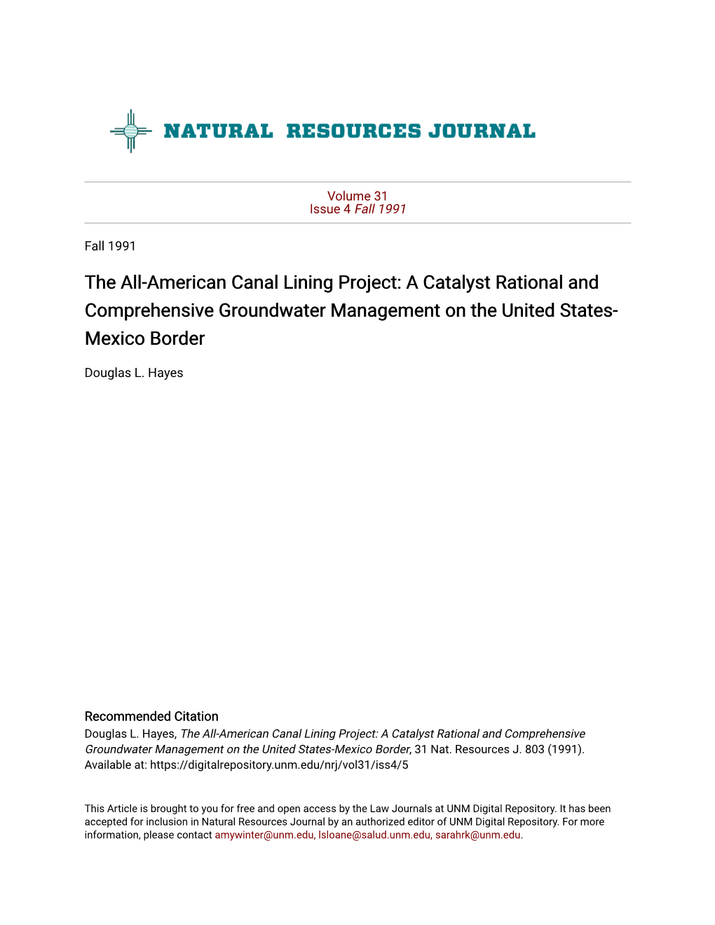 The All-American Canal Lining Project: a Catalyst Rational and Comprehensive Groundwater Management on the United States- Mexico Border