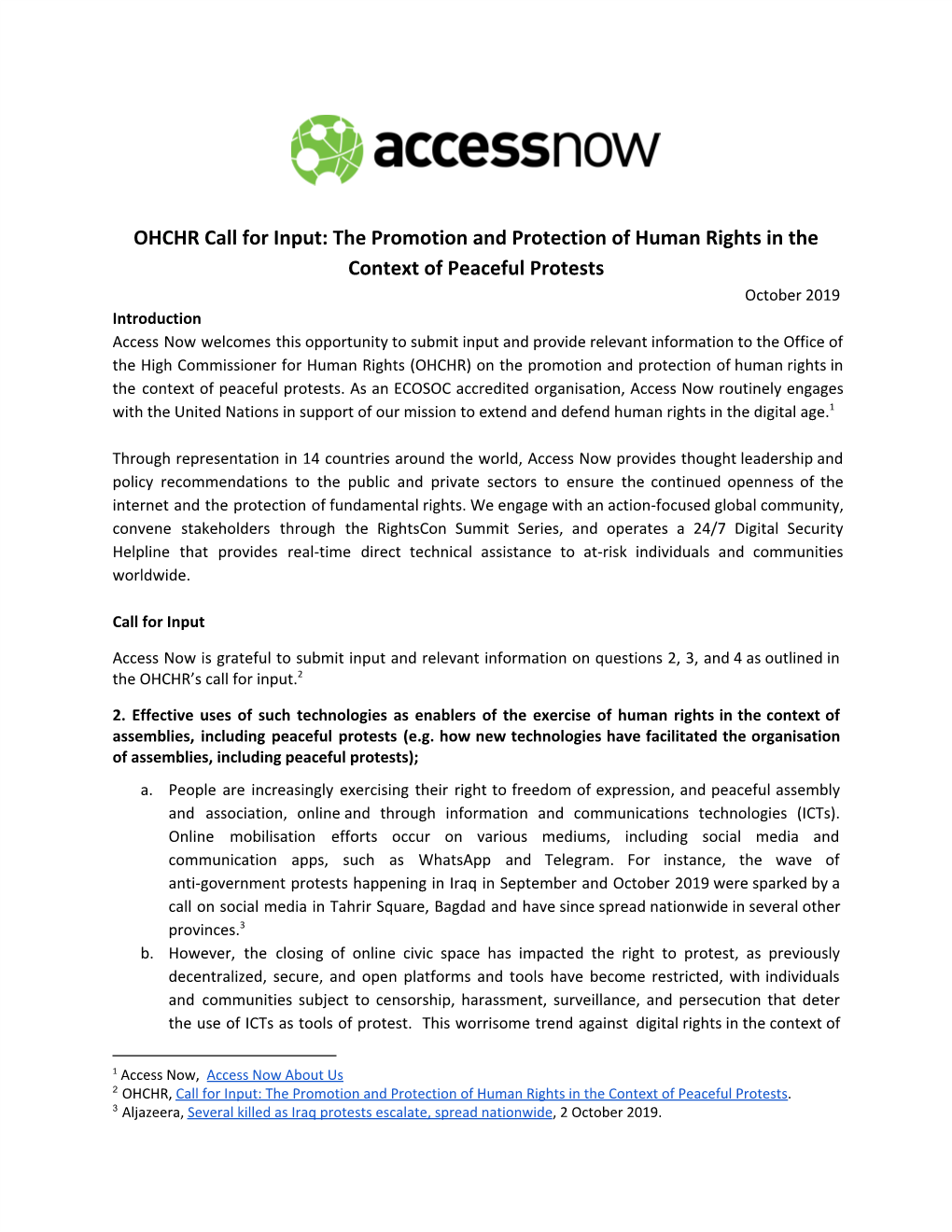 OHCHR Call for Input: the Promotion and Protection of Human Rights In