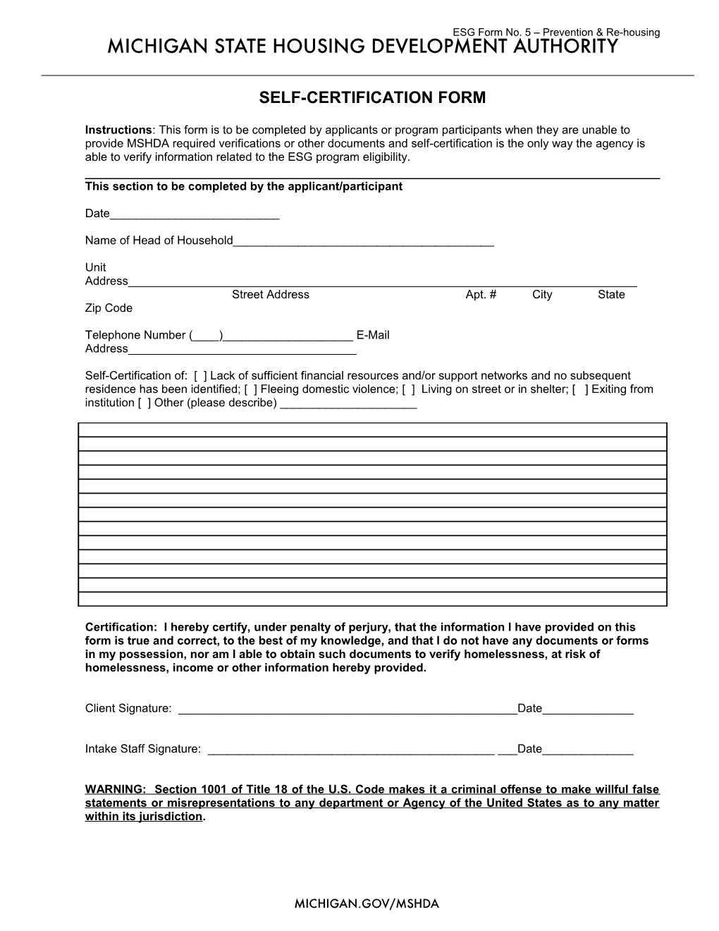 ESG Form No. 5 Prevention & Re-Housing