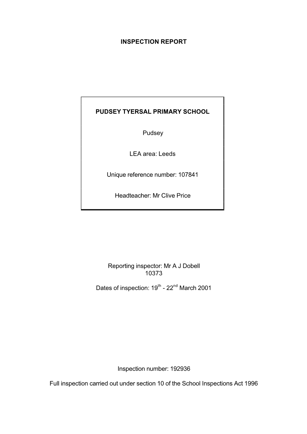 Inspection Report Pudsey Tyersal Primary School