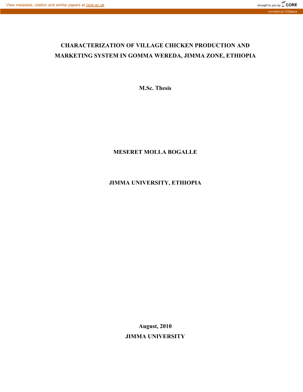 Characterization of Village Chicken Production and Marketing System in Gomma Wereda, Jimma Zone, Ethiopia