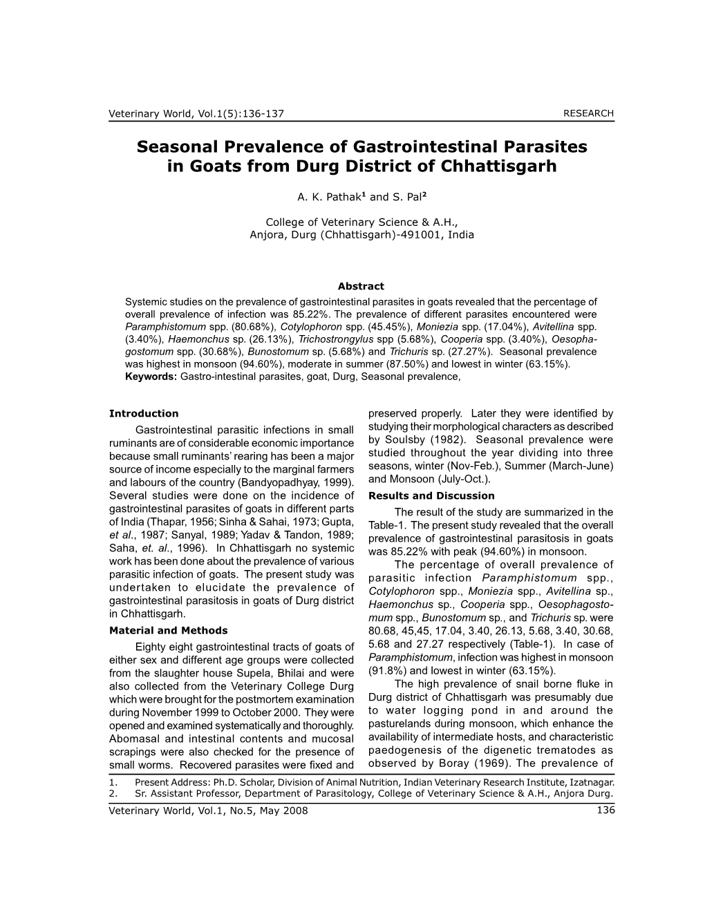 Seasonal Prevalence of Gastrointestinal Parasites in Goats from Durg District of Chhattisgarh