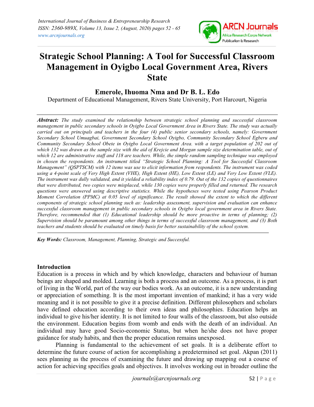 Strategic School Planning: a to Management in Oyigbo Local State