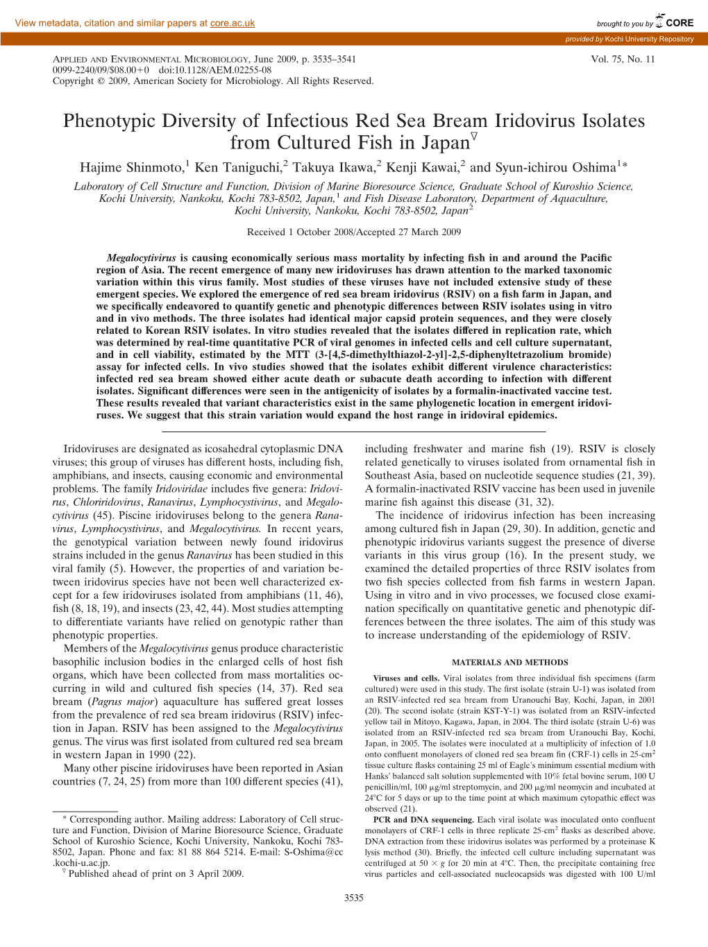 Phenotypic Diversity of Infectious Red Sea Bream Iridovirus Isolates from Cultured Fish in Japan