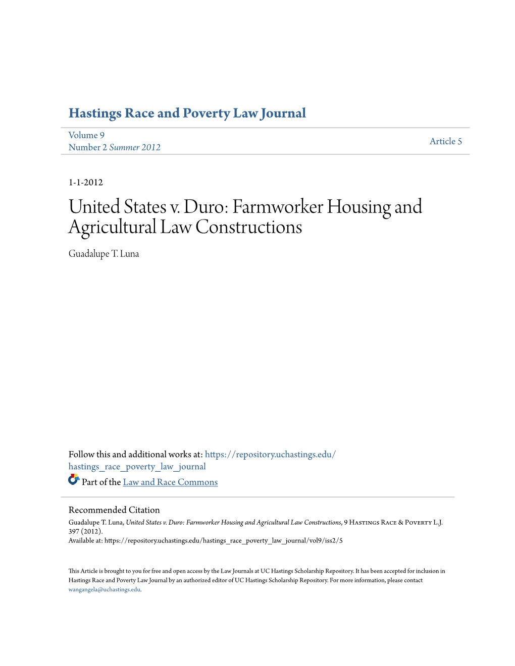 Farmworker Housing and Agricultural Law Constructions Guadalupe T