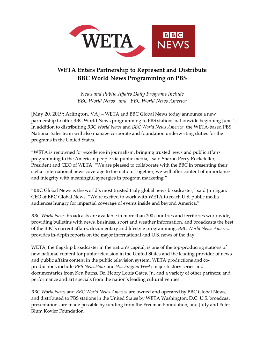 WETA Enters Partnership to Represent and Distribute BBC World News Programming on PBS