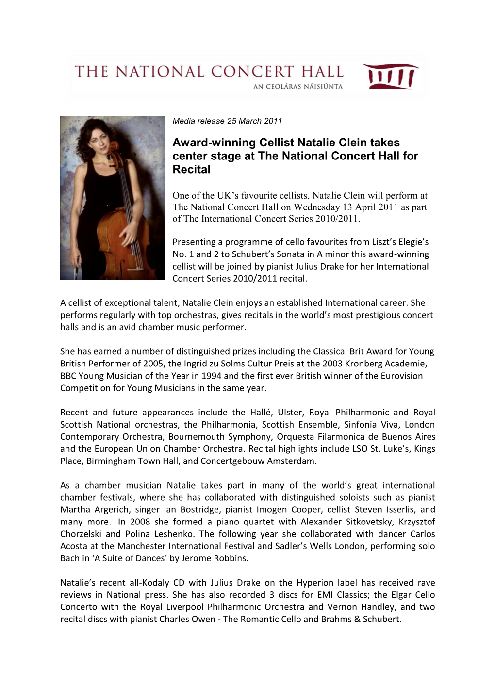 Award-Winning Cellist Natalie Clein Takes Center Stage at the National Concert Hall for Recital