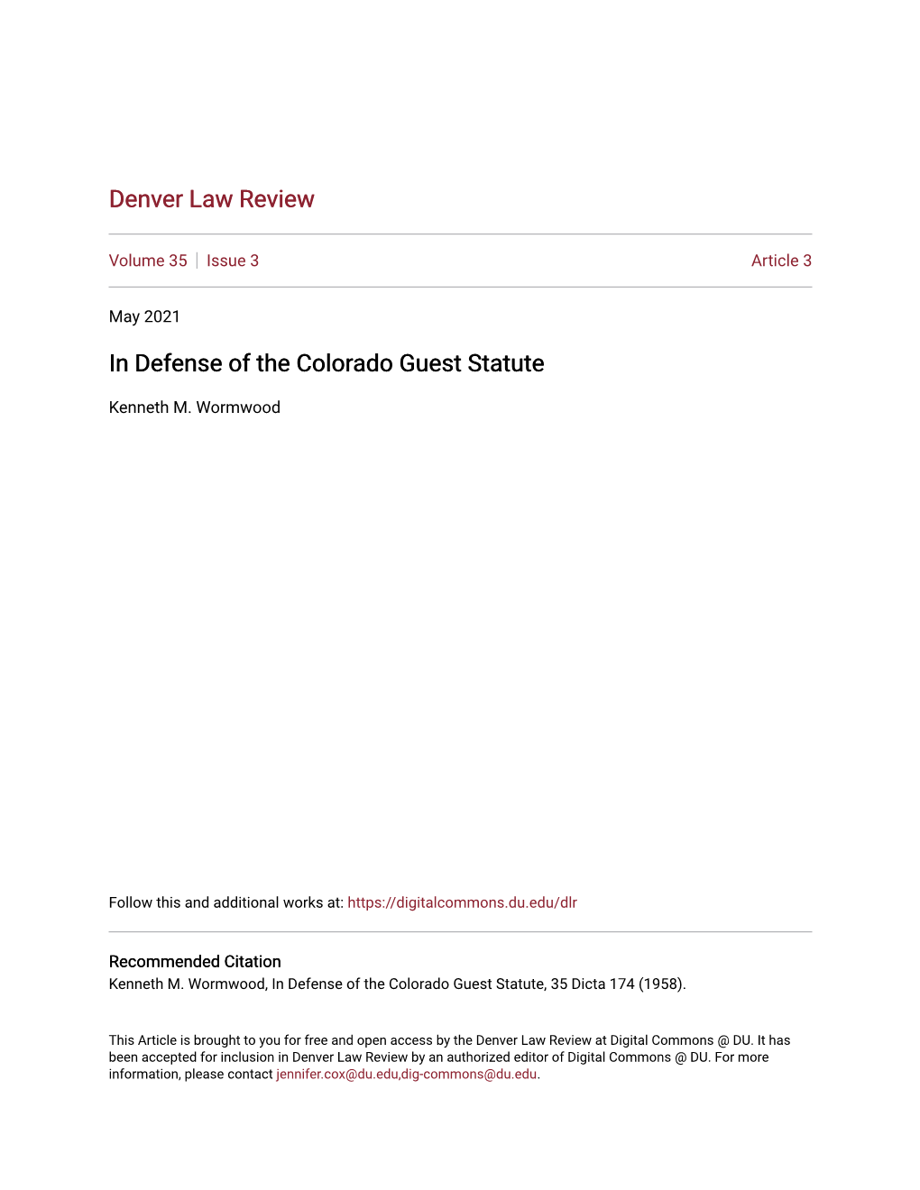 In Defense of the Colorado Guest Statute