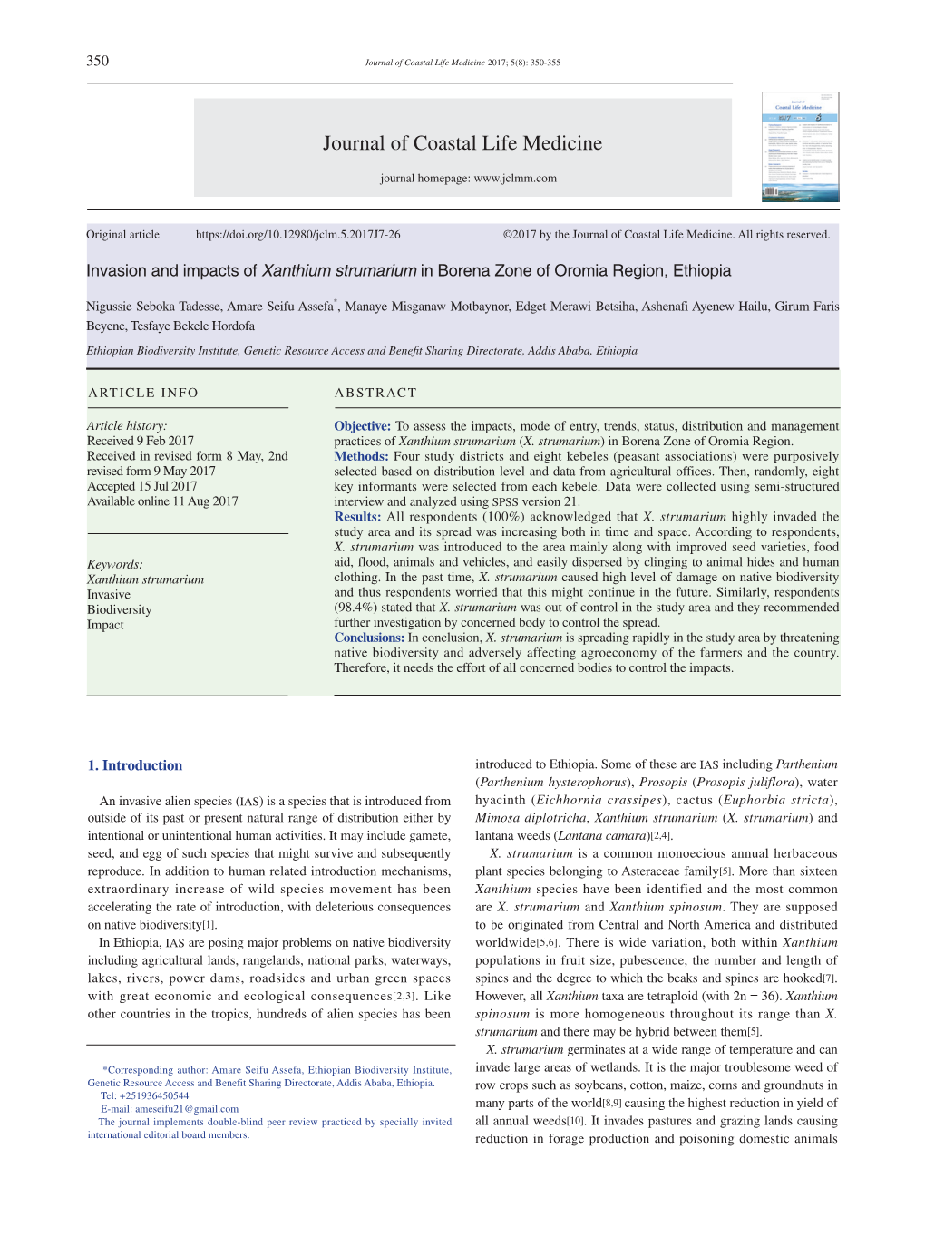 Invasion and Impacts of Xanthium Strumarium in Borena Zone of Oromia Region, Ethiopia