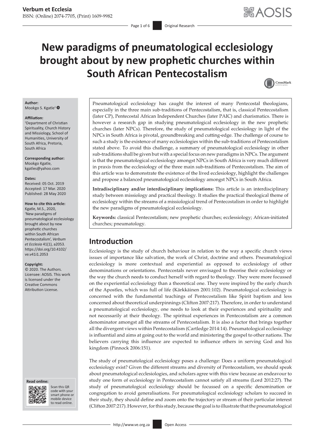 New Paradigms of Pneumatological Ecclesiology Brought About by New Prophetic Churches Within South African Pentecostalism