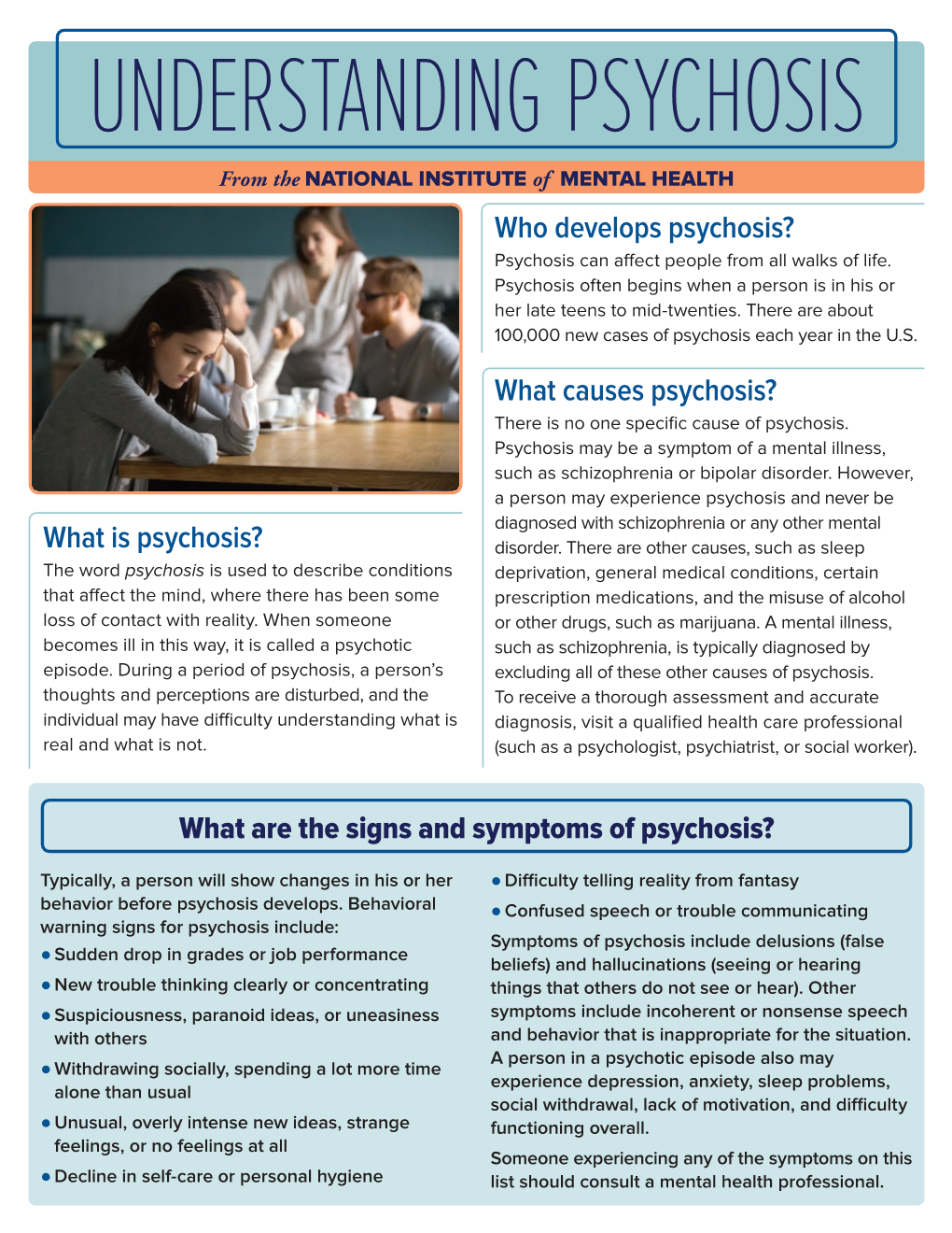 UNDERSTANDING PSYCHOSIS from the NATIONAL INSTITUTE of MENTAL HEALTH Who Develops Psychosis? Psychosis Can Affect People from All Walks of Life