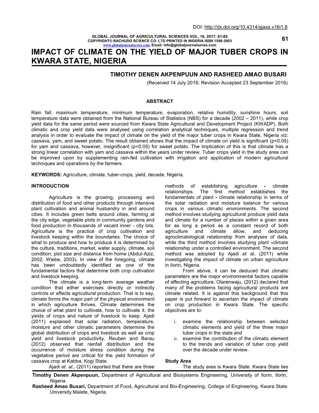 Impact of Climate on the Yield of Major Tuber Crops in Kwara State, Nigeria