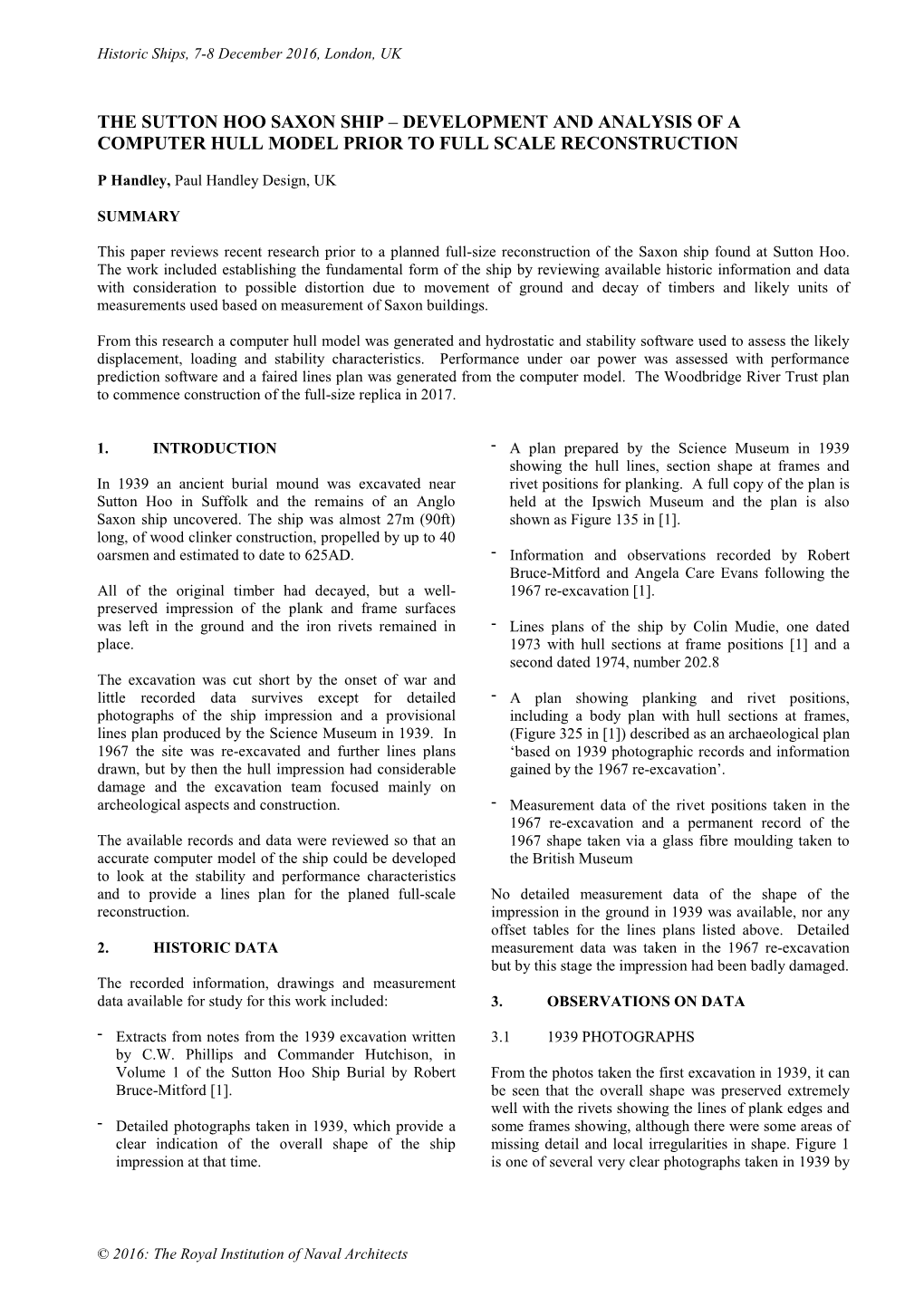 The Sutton Hoo Saxon Ship – Development and Analysis of a Computer Hull Model Prior to Full Scale Reconstruction