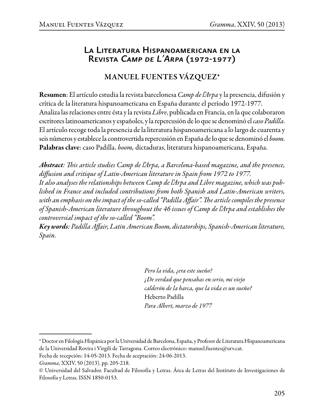 La Literatura Hispanoamericana En La Revista Camp De L'arpa (1972-1977)