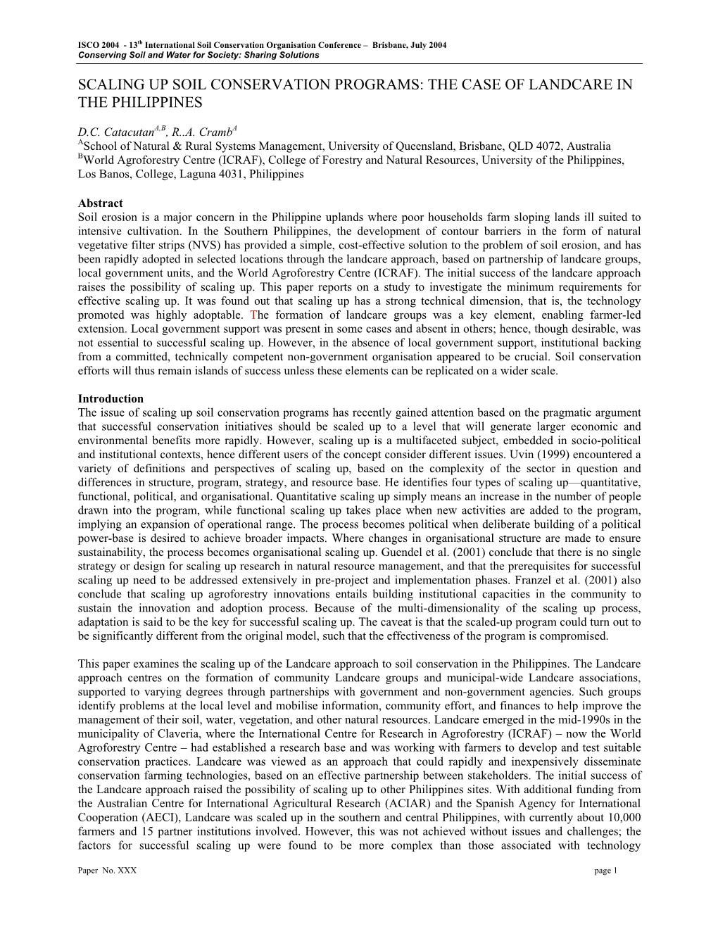 Scaling up Soil Conservation Programs: the Case of Landcare in the Philippines