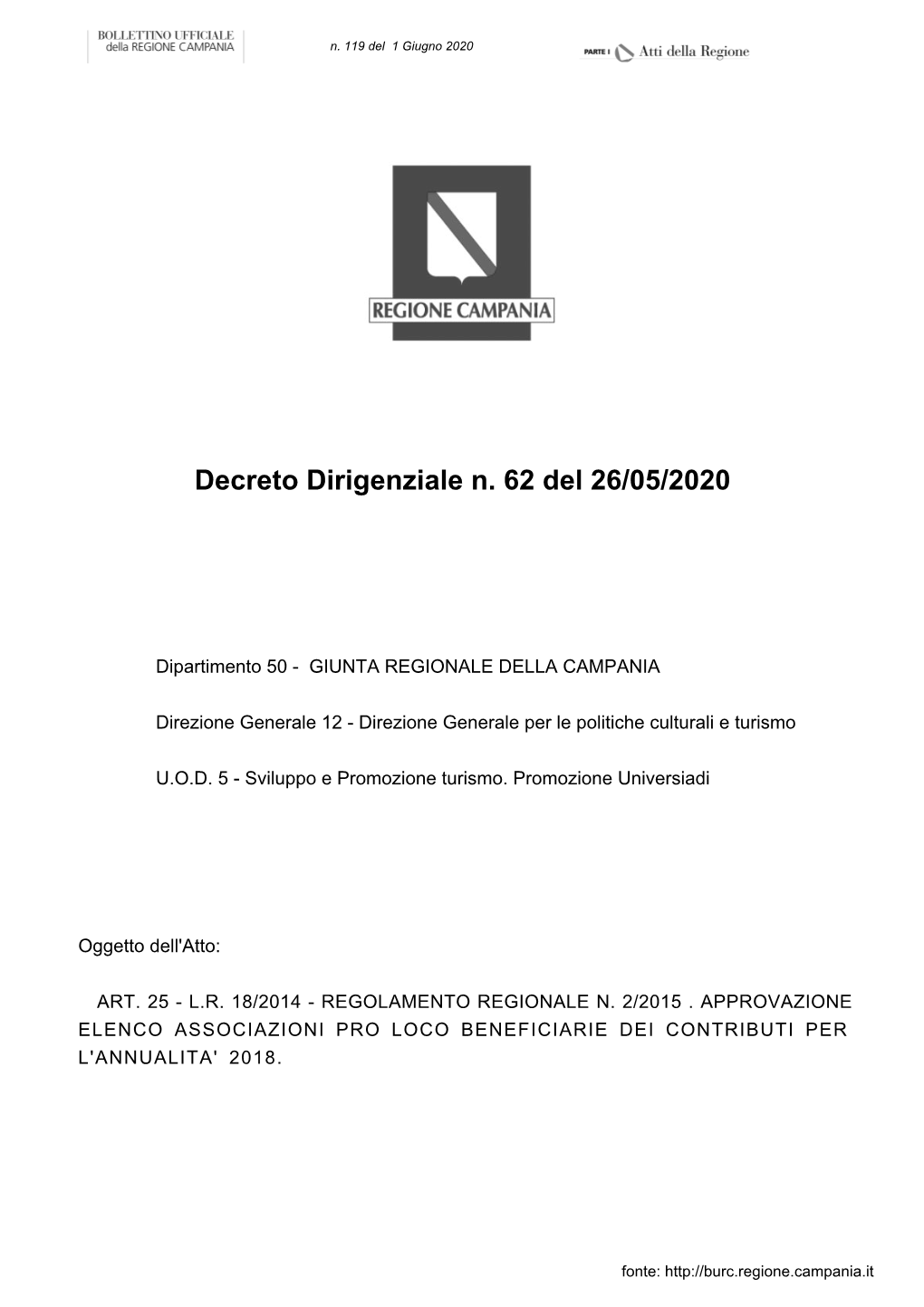 Decreto Dirigenziale N. 62 Del 26/05/2020