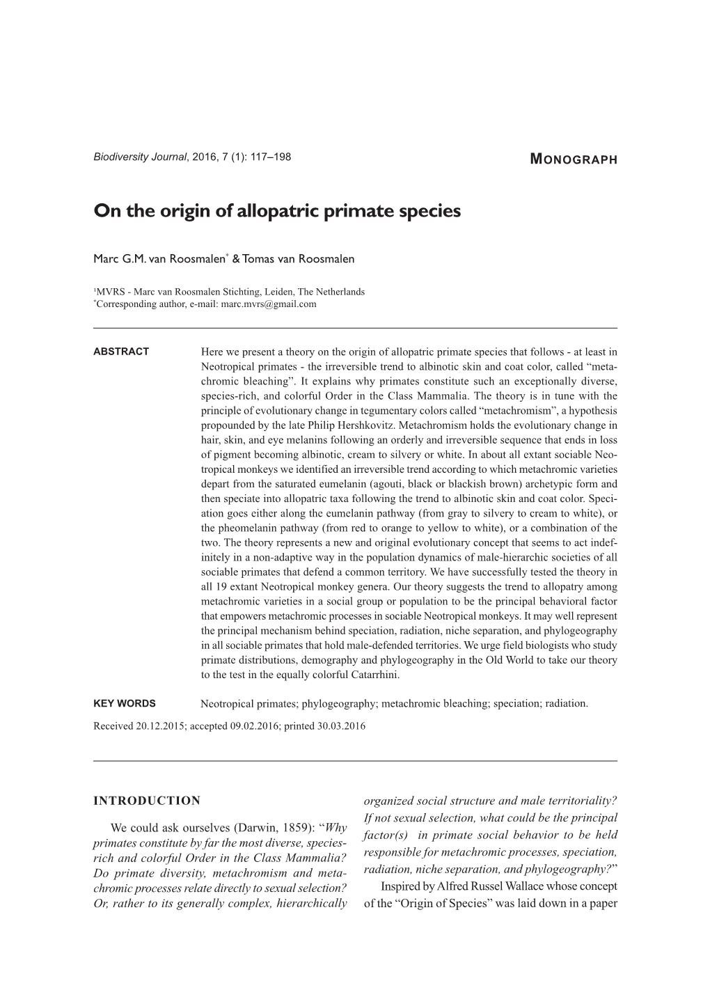 On the Origin of Allopatric Primate Species